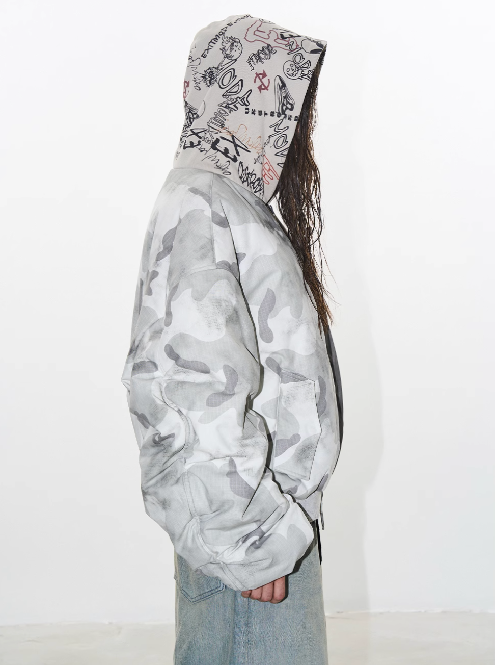 BLIND NO PLAN Graffiti Print Hooded Mixed Fabrics MA-1 Bomber Jacket | Face 3 Face
