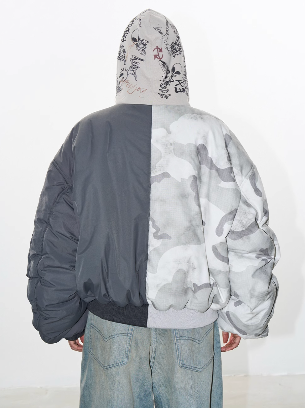 BLIND NO PLAN Graffiti Print Hooded Mixed Fabrics MA-1 Bomber Jacket | Face 3 Face