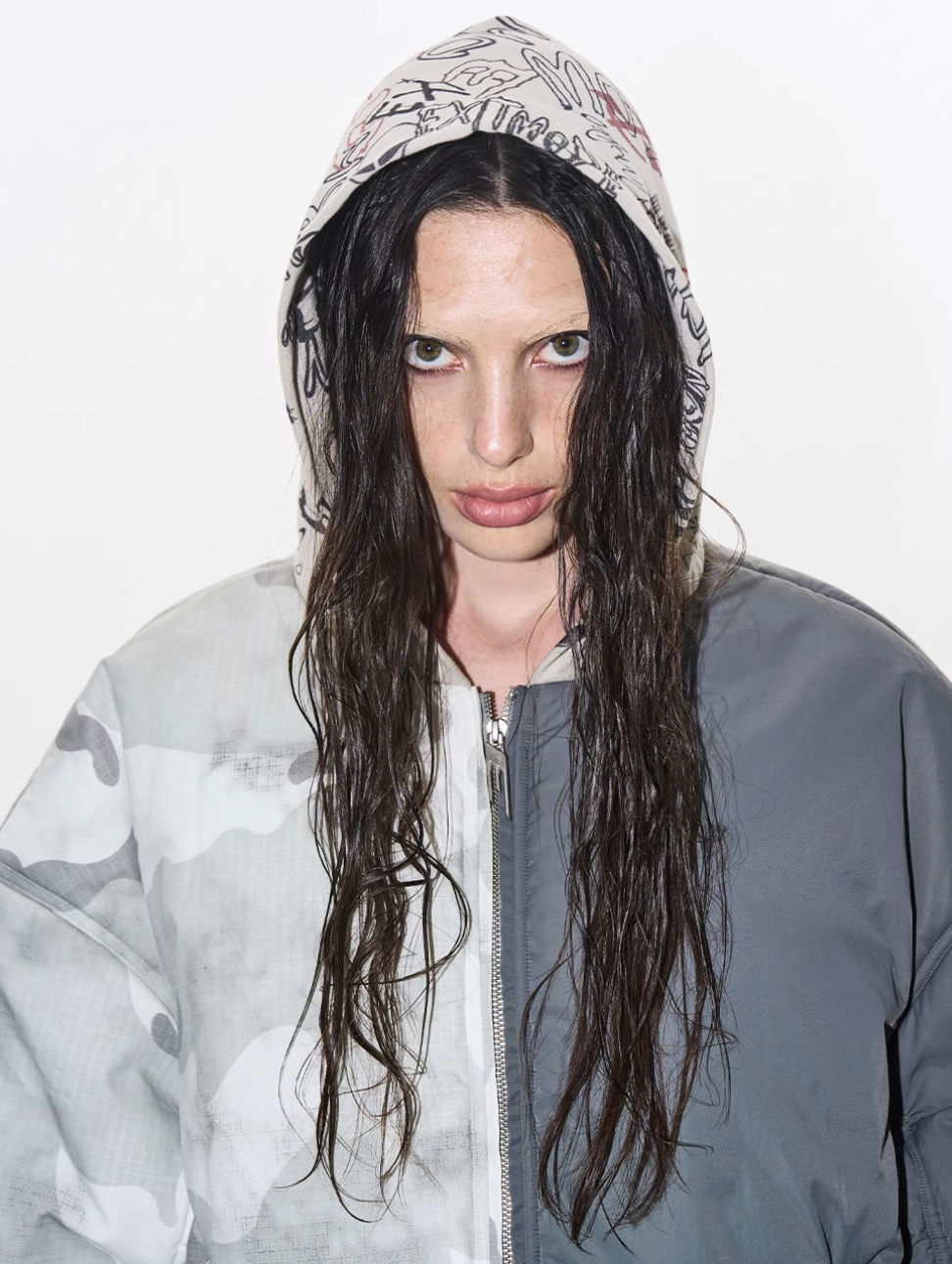 BLIND NO PLAN Graffiti Print Hooded Mixed Fabrics MA-1 Bomber Jacket | Face 3 Face