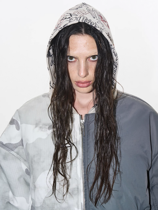 BLIND NO PLAN Graffiti Print Hooded Mixed Fabrics MA-1 Bomber Jacket | Face 3 Face