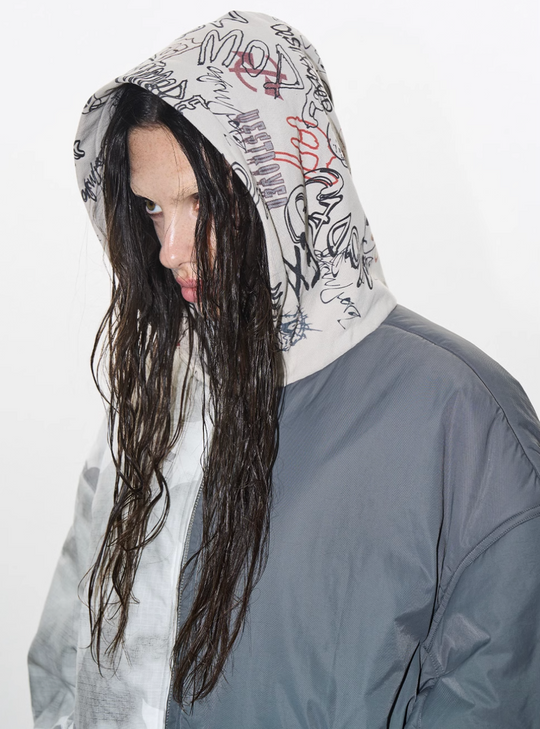 BLIND NO PLAN Graffiti Print Hooded Mixed Fabrics MA-1 Bomber Jacket | Face 3 Face