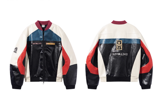 BLIND NO PLAN Colorblocked Embroidered Racing Leather Jacket | Face 3 Face