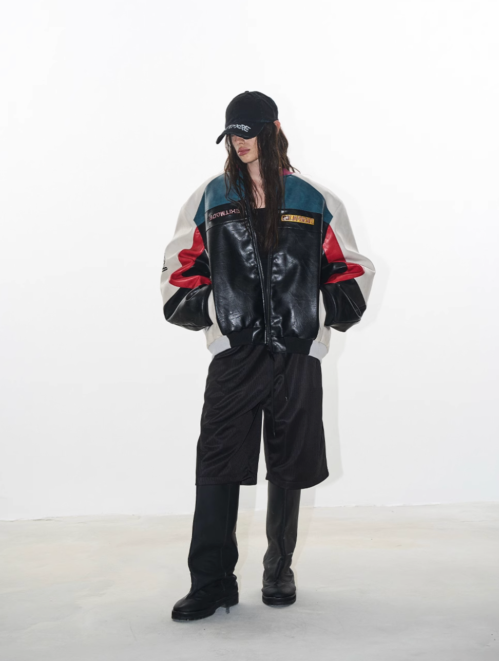 BLIND NO PLAN Colorblocked Embroidered Racing Leather Jacket | Face 3 Face