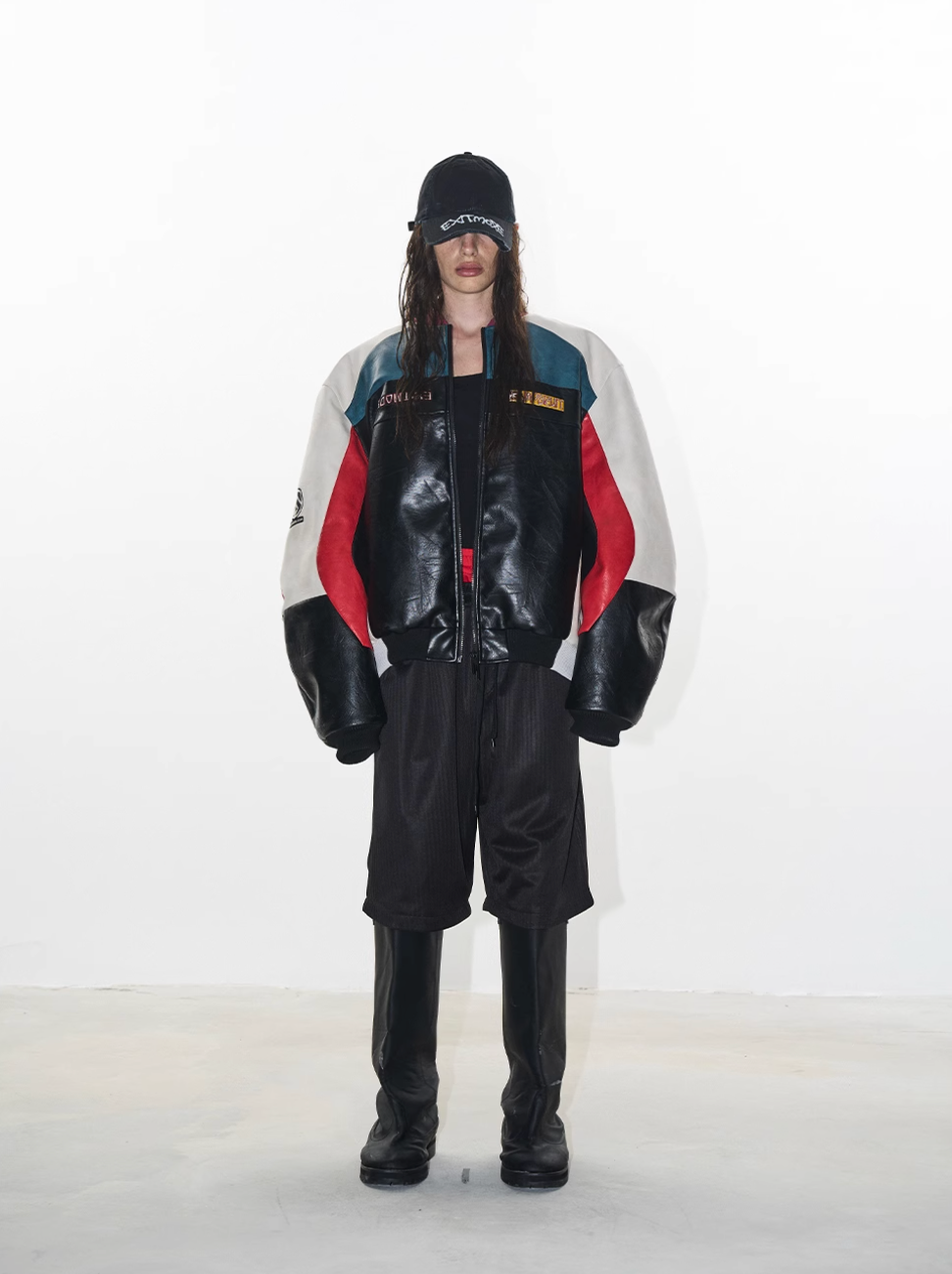 BLIND NO PLAN Colorblocked Embroidered Racing Leather Jacket | Face 3 Face