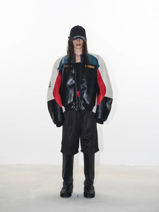 BLIND NO PLAN Colorblocked Embroidered Racing Leather Jacket | Face 3 Face