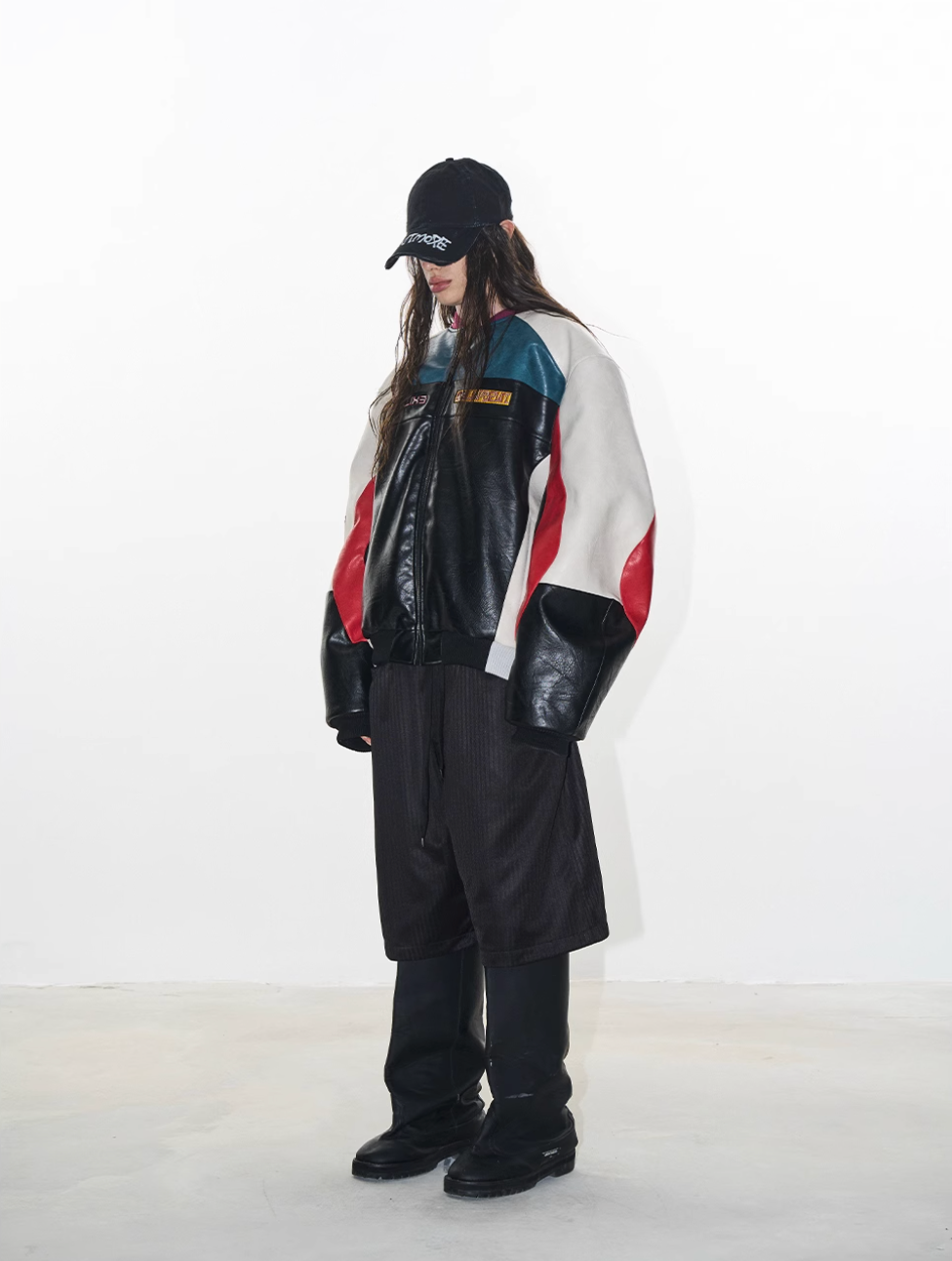 BLIND NO PLAN Colorblocked Embroidered Racing Leather Jacket | Face 3 Face