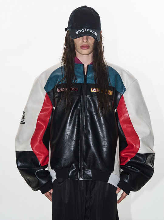 BLIND NO PLAN Colorblocked Embroidered Racing Leather Jacket | Face 3 Face