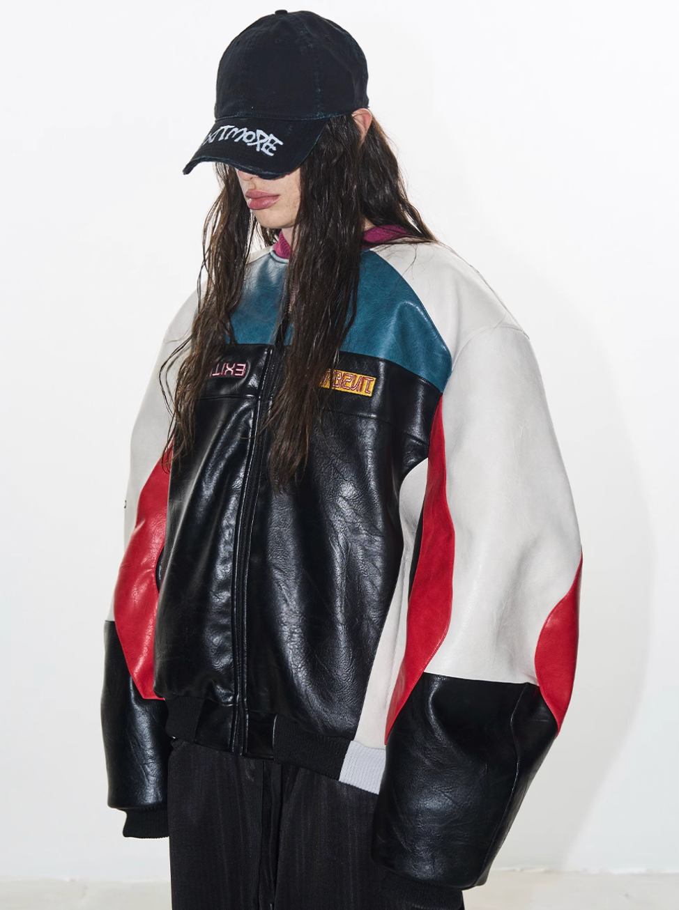 BLIND NO PLAN Colorblocked Embroidered Racing Leather Jacket | Face 3 Face