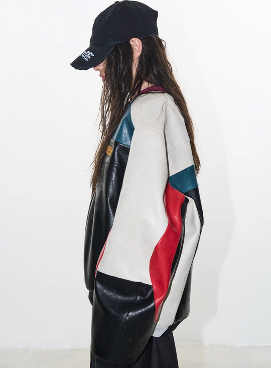 BLIND NO PLAN Colorblocked Embroidered Racing Leather Jacket | Face 3 Face