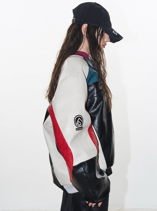BLIND NO PLAN Colorblocked Embroidered Racing Leather Jacket | Face 3 Face
