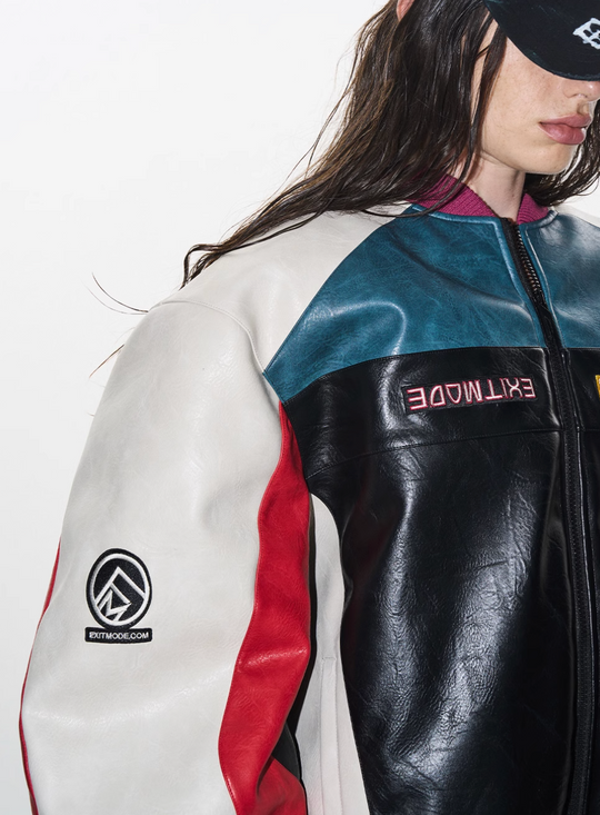 BLIND NO PLAN Colorblocked Embroidered Racing Leather Jacket | Face 3 Face