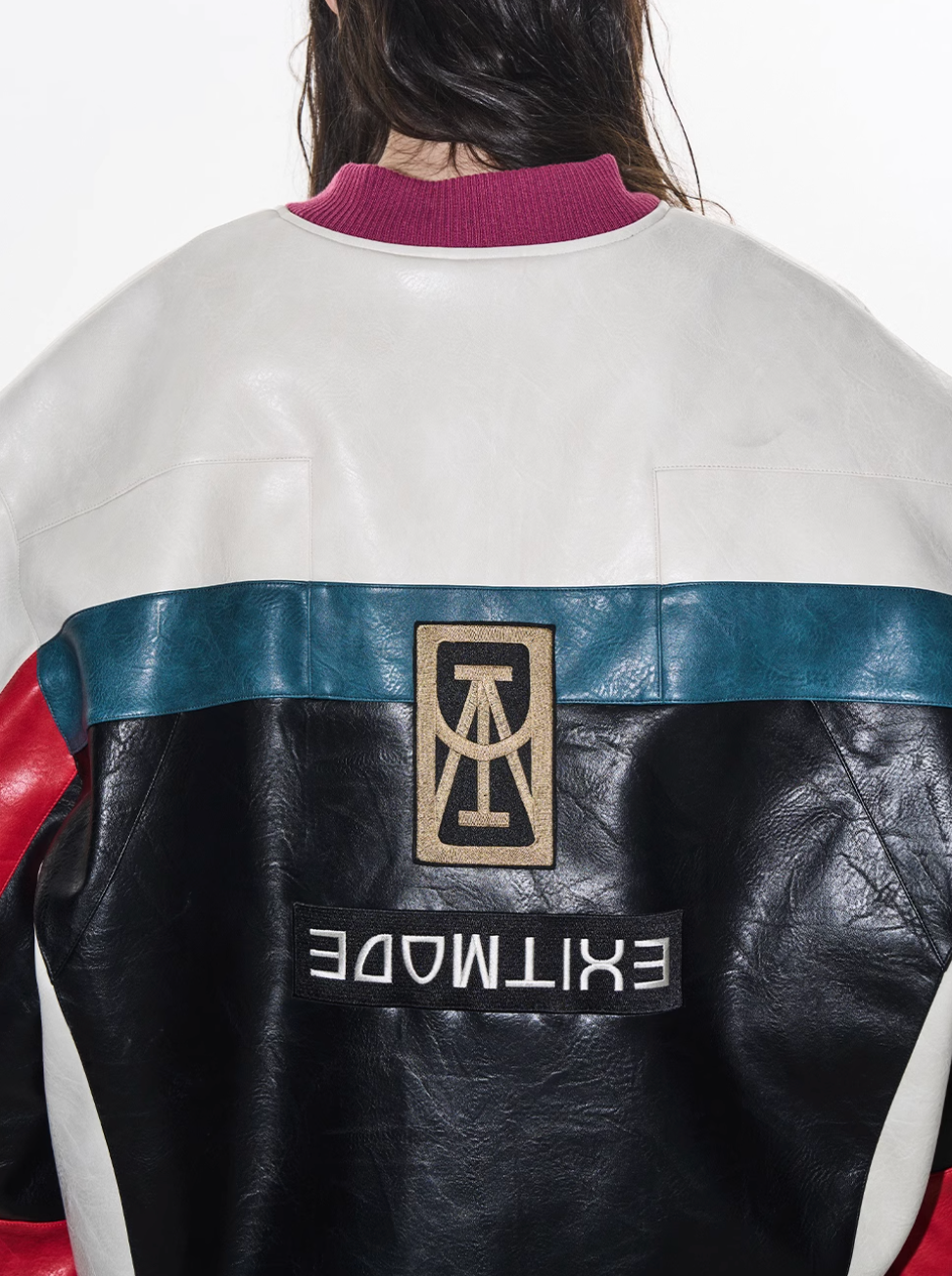 BLIND NO PLAN Colorblocked Embroidered Racing Leather Jacket | Face 3 Face