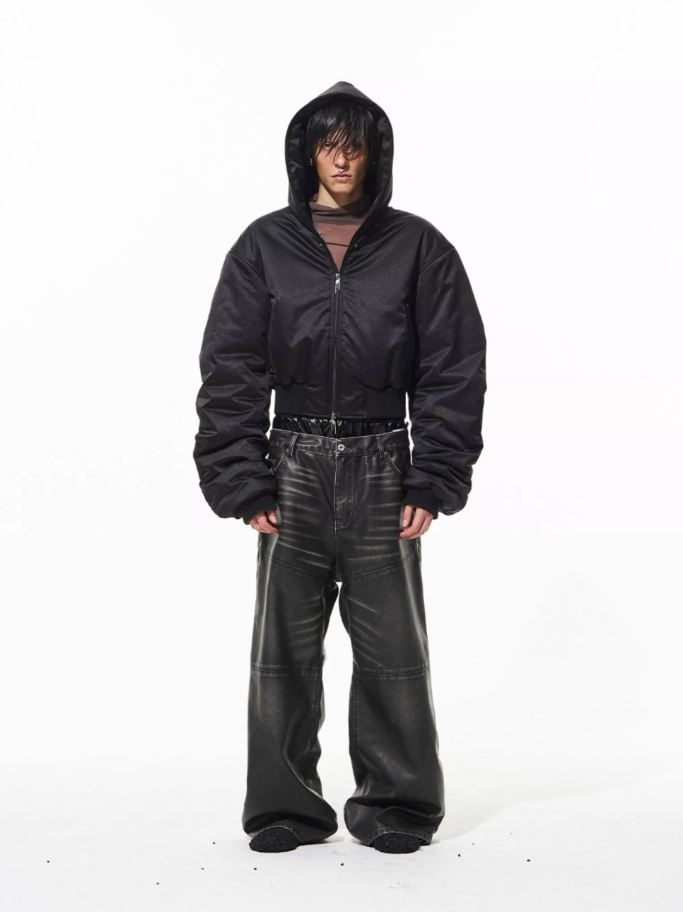 BLIND NO PLAN Leather Patch Studded Hooded Short Bomber Jacket | Face 3 Face