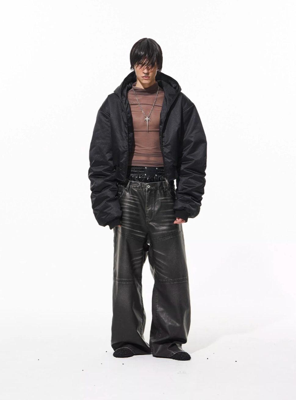 BLIND NO PLAN Leather Patch Studded Hooded Short Bomber Jacket | Face 3 Face