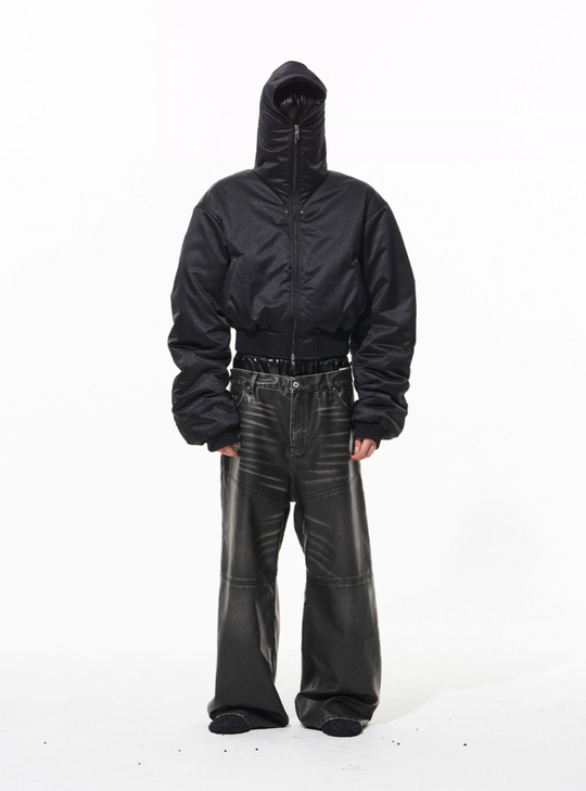 BLIND NO PLAN Leather Patch Studded Hooded Short Bomber Jacket | Face 3 Face