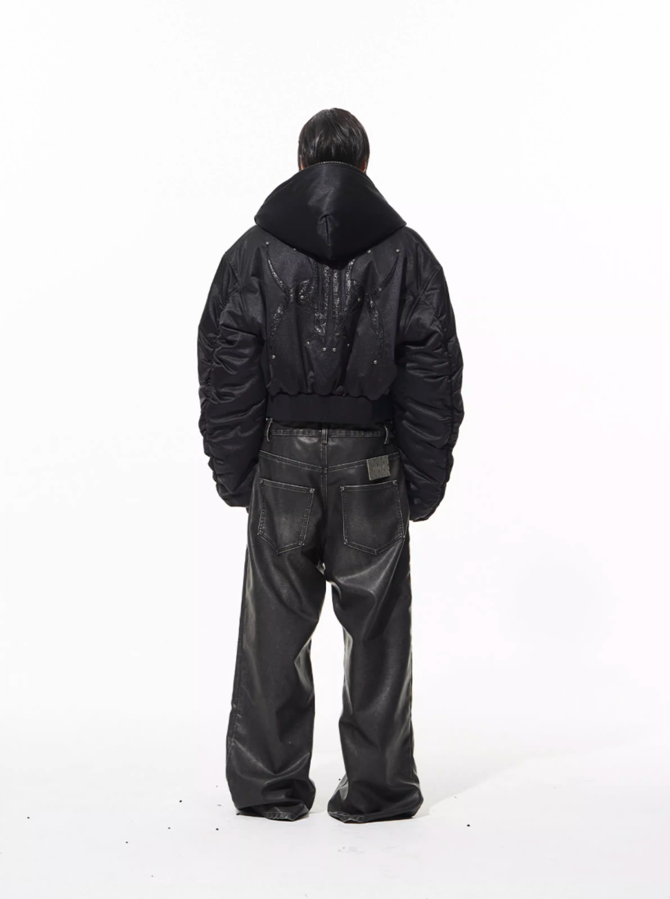 BLIND NO PLAN Leather Patch Studded Hooded Short Bomber Jacket | Face 3 Face