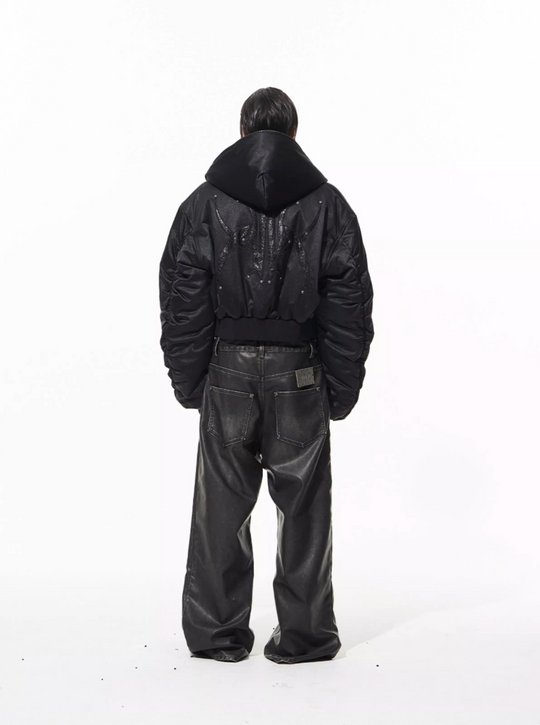 BLIND NO PLAN Leather Patch Studded Hooded Short Bomber Jacket | Face 3 Face