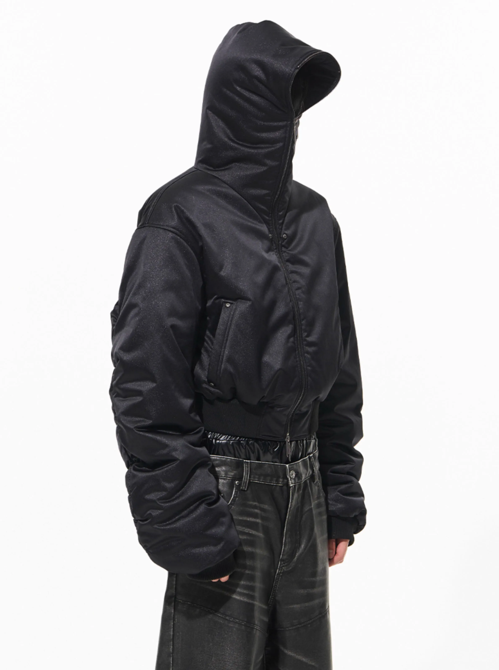 BLIND NO PLAN Leather Patch Studded Hooded Short Bomber Jacket | Face 3 Face