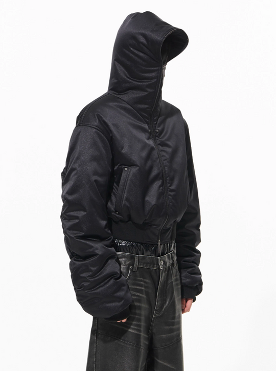 BLIND NO PLAN Leather Patch Studded Hooded Short Bomber Jacket | Face 3 Face