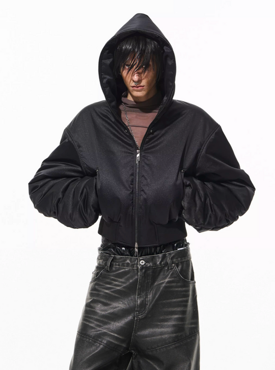 BLIND NO PLAN Leather Patch Studded Hooded Short Bomber Jacket | Face 3 Face