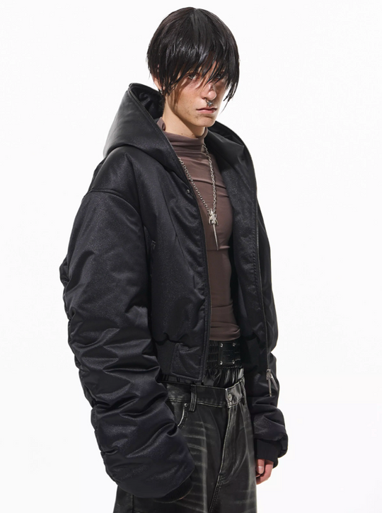 BLIND NO PLAN Leather Patch Studded Hooded Short Bomber Jacket | Face 3 Face