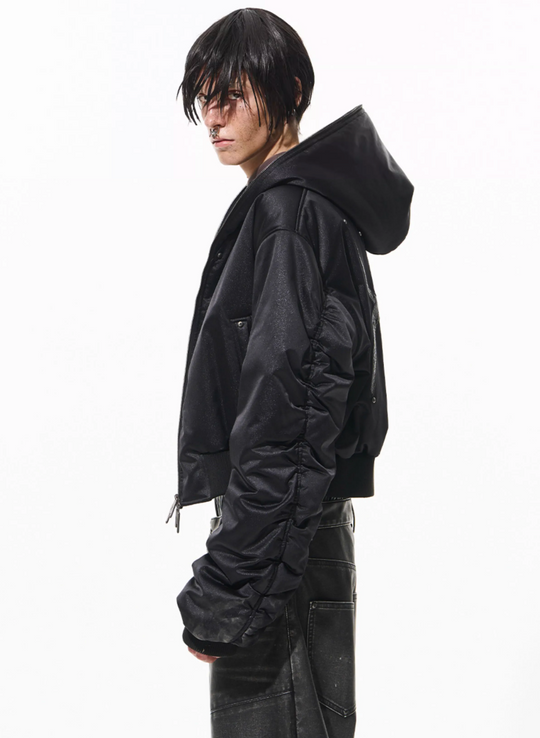 BLIND NO PLAN Leather Patch Studded Hooded Short Bomber Jacket | Face 3 Face