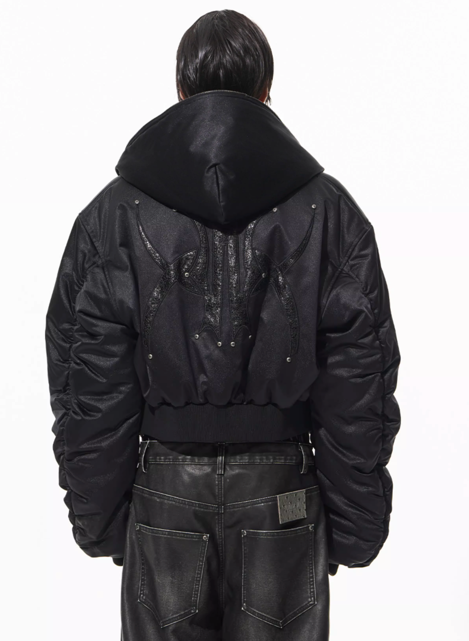 BLIND NO PLAN Leather Patch Studded Hooded Short Bomber Jacket | Face 3 Face