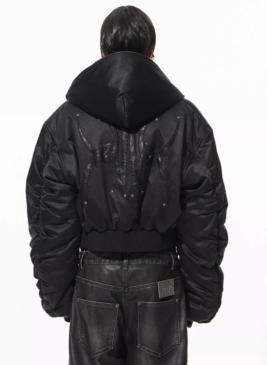 BLIND NO PLAN Leather Patch Studded Hooded Short Bomber Jacket | Face 3 Face