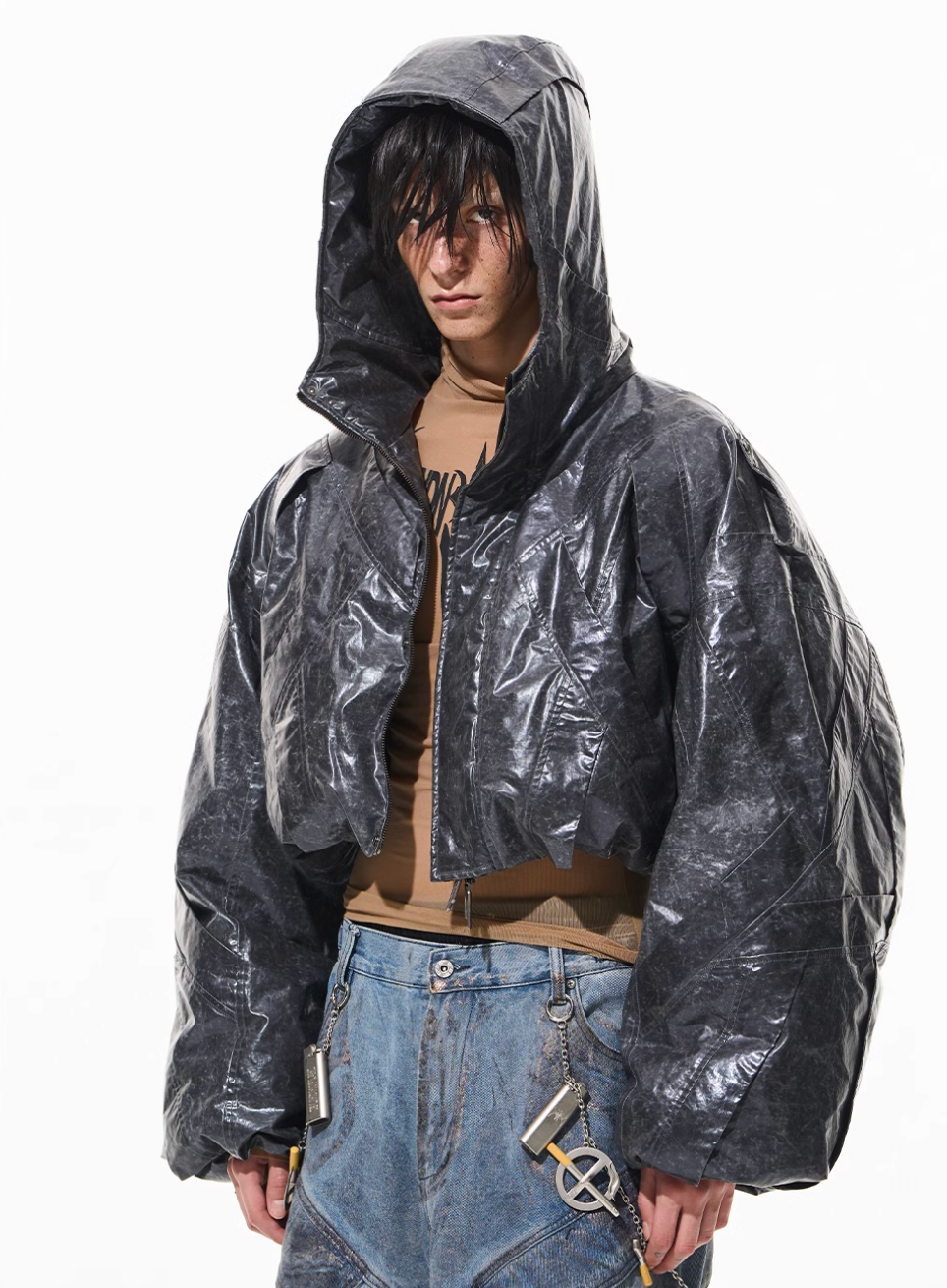 BLIND NO PLAN Wrinkled Hooded Short Bomber Jacket | Face 3 Face