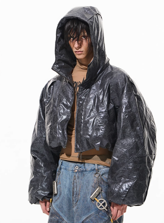 BLIND NO PLAN Wrinkled Hooded Short Bomber Jacket | Face 3 Face