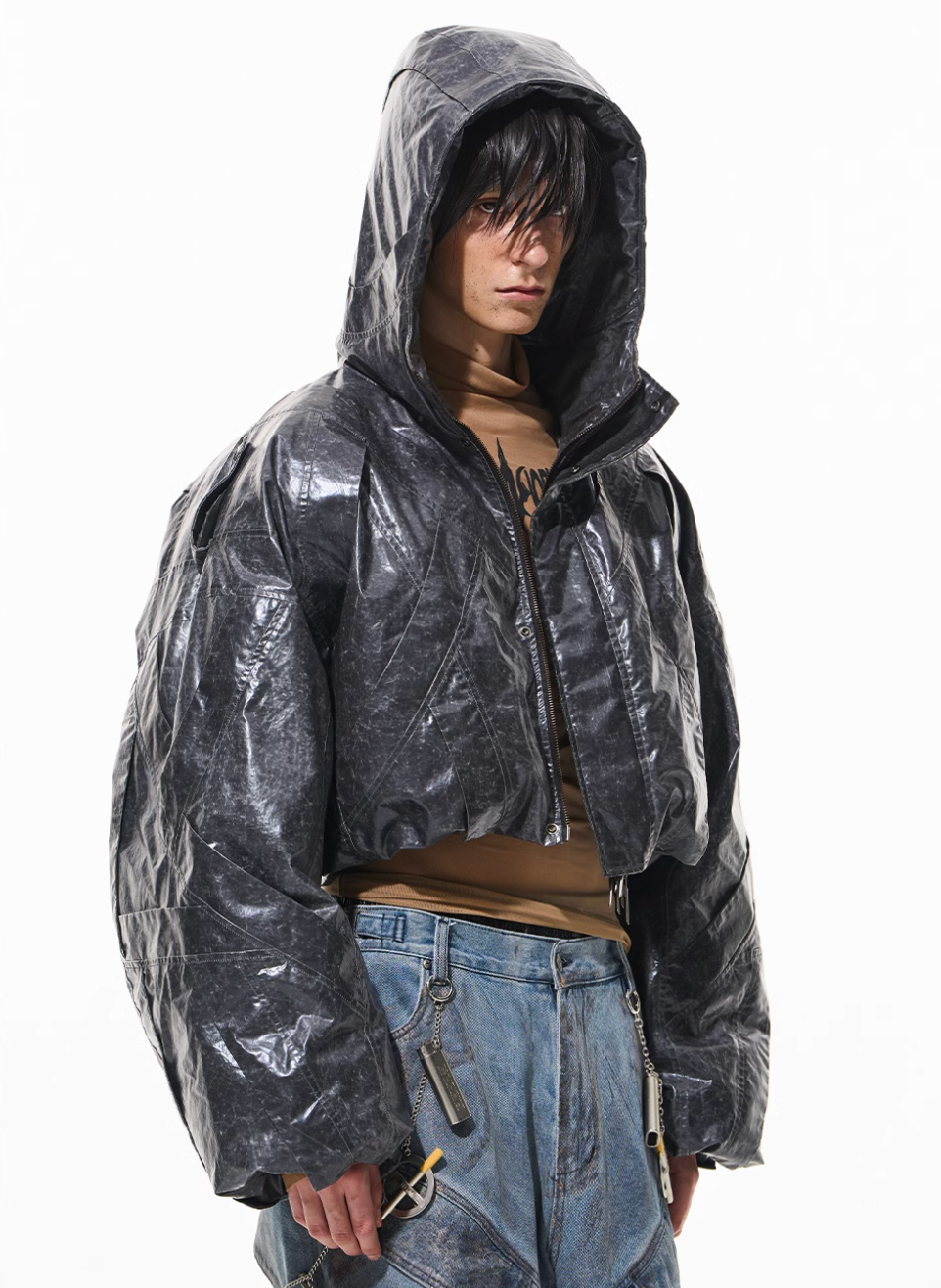 BLIND NO PLAN Wrinkled Hooded Short Bomber Jacket | Face 3 Face