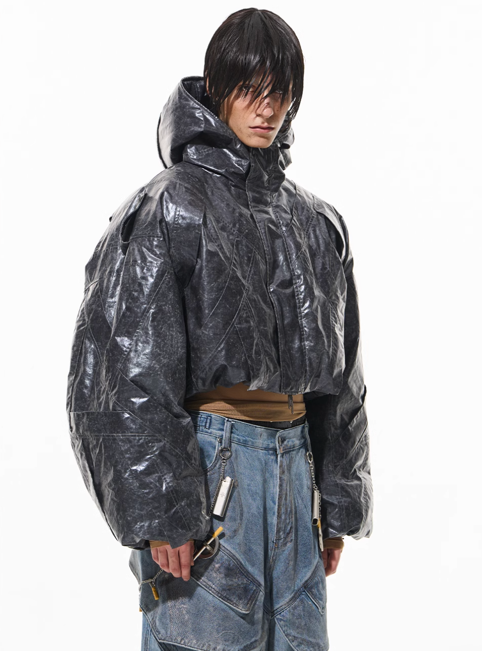 BLIND NO PLAN Wrinkled Hooded Short Bomber Jacket | Face 3 Face