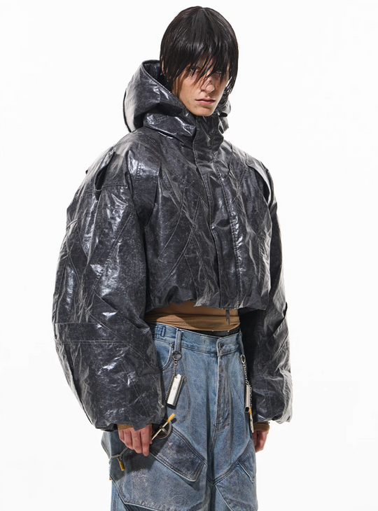 BLIND NO PLAN Wrinkled Hooded Short Bomber Jacket | Face 3 Face
