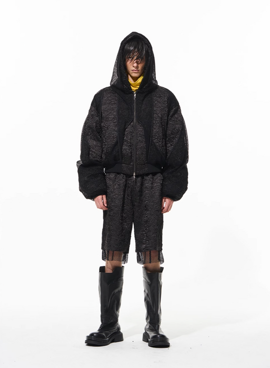 BLIND NO PLAN Double-layer Patchwork Hooded Bomber Jacket | Face 3 Face