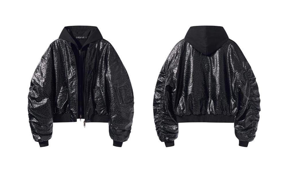 BLIND NO PLAN Ostrich Leather Faux Two-Piece Hooded Bomber Jacket | Face 3 Face
