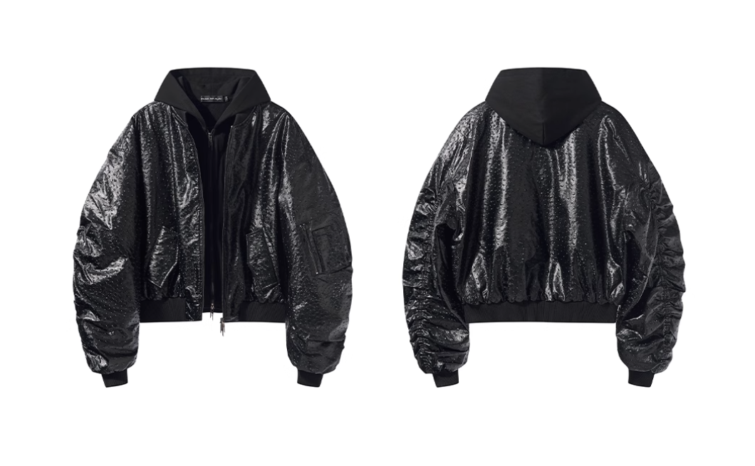 BLIND NO PLAN Ostrich Leather Faux Two-Piece Hooded Bomber Jacket | Face 3 Face