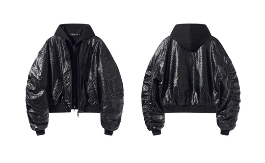 BLIND NO PLAN Ostrich Leather Faux Two-Piece Hooded Bomber Jacket | Face 3 Face