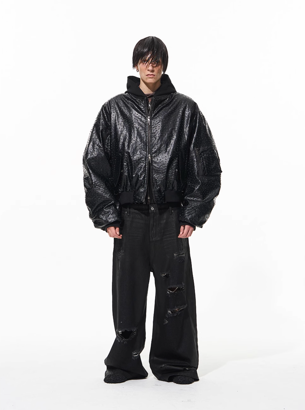 BLIND NO PLAN Ostrich Leather Faux Two-Piece Hooded Bomber Jacket | Face 3 Face