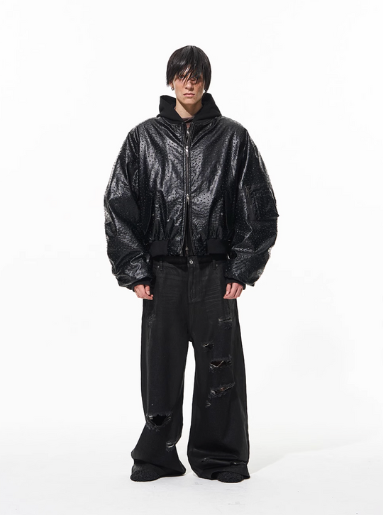 BLIND NO PLAN Ostrich Leather Faux Two-Piece Hooded Bomber Jacket | Face 3 Face