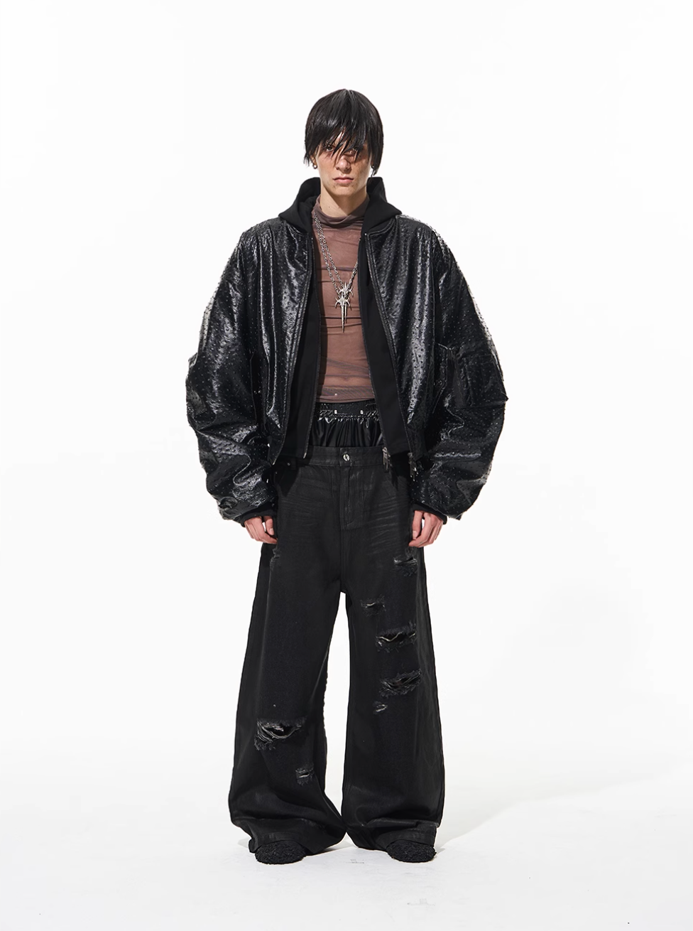 BLIND NO PLAN Ostrich Leather Faux Two-Piece Hooded Bomber Jacket | Face 3 Face