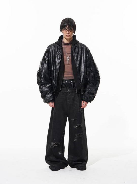 BLIND NO PLAN Ostrich Leather Faux Two-Piece Hooded Bomber Jacket | Face 3 Face