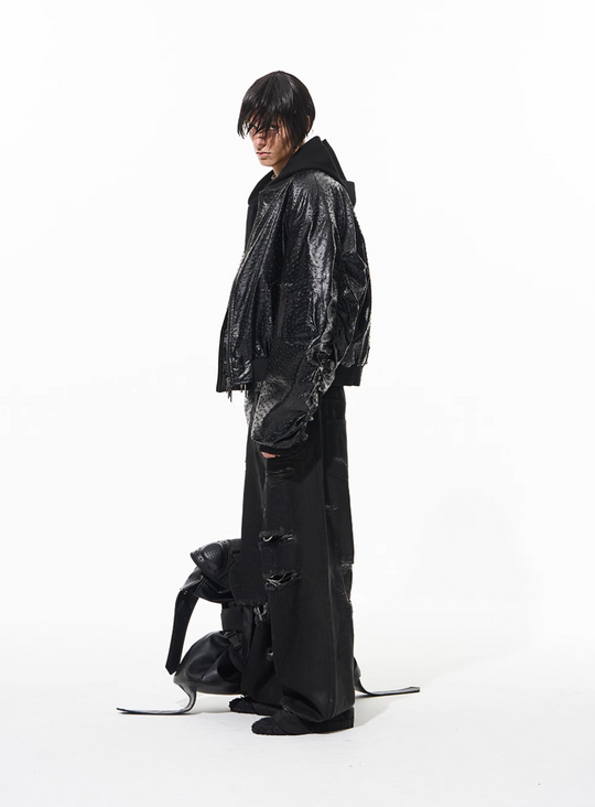 BLIND NO PLAN Ostrich Leather Faux Two-Piece Hooded Bomber Jacket | Face 3 Face