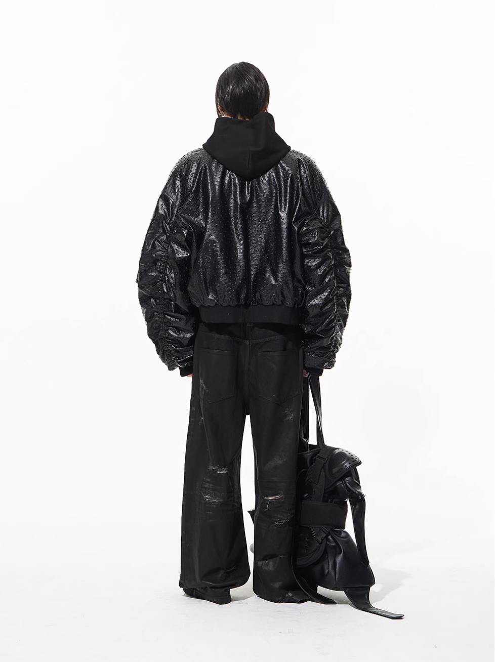 BLIND NO PLAN Ostrich Leather Faux Two-Piece Hooded Bomber Jacket | Face 3 Face