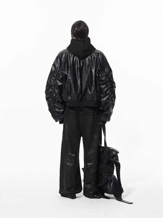 BLIND NO PLAN Ostrich Leather Faux Two-Piece Hooded Bomber Jacket | Face 3 Face