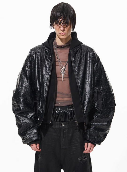 BLIND NO PLAN Ostrich Leather Faux Two-Piece Hooded Bomber Jacket | Face 3 Face