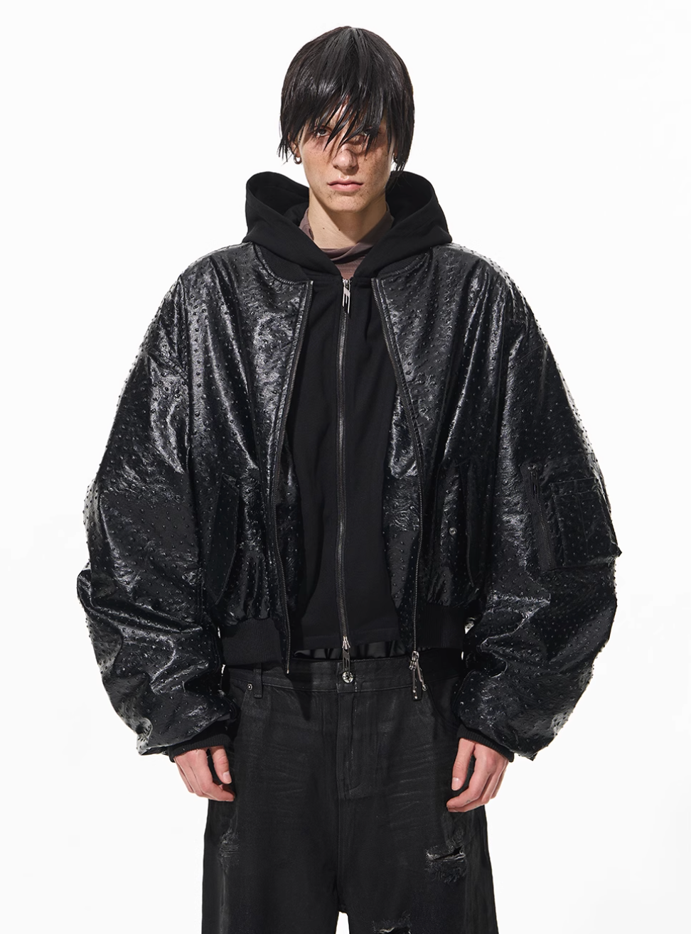 BLIND NO PLAN Ostrich Leather Faux Two-Piece Hooded Bomber Jacket | Face 3 Face