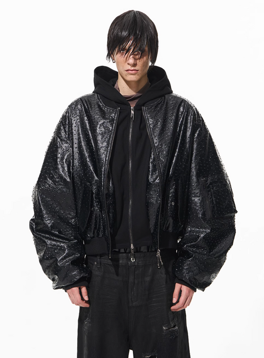 BLIND NO PLAN Ostrich Leather Faux Two-Piece Hooded Bomber Jacket | Face 3 Face