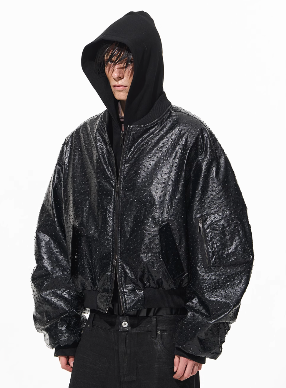 BLIND NO PLAN Ostrich Leather Faux Two-Piece Hooded Bomber Jacket | Face 3 Face