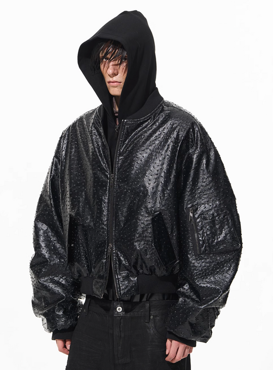 BLIND NO PLAN Ostrich Leather Faux Two-Piece Hooded Bomber Jacket | Face 3 Face