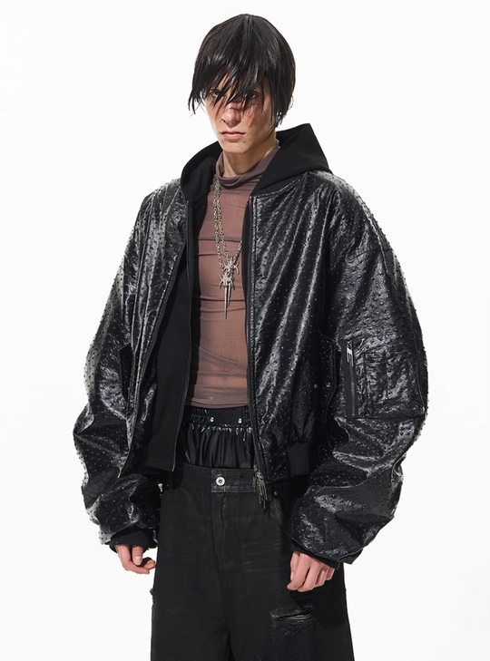 BLIND NO PLAN Ostrich Leather Faux Two-Piece Hooded Bomber Jacket | Face 3 Face